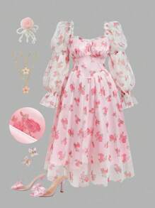 SHEIN MOD Große Größen Rosa Blumen Mesh Muster Schleife Akzent Langarm Party Kleid, romantischer Look, Geburtstagskleider, elegante Kleider für Partys, Geburtstagskleider für Frauen, Party