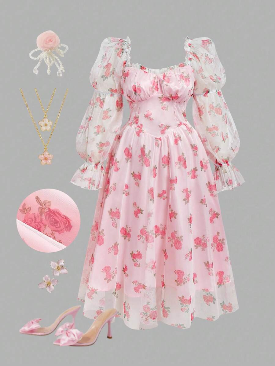 SHEIN MOD Große Größen Rosa Blumen Mesh Muster Schleife Akzent Langarm Party Kleid, romantischer Look, Geburtstagskleider, elegante Kleider für Partys, Geburtstagskleider für Frauen, Party