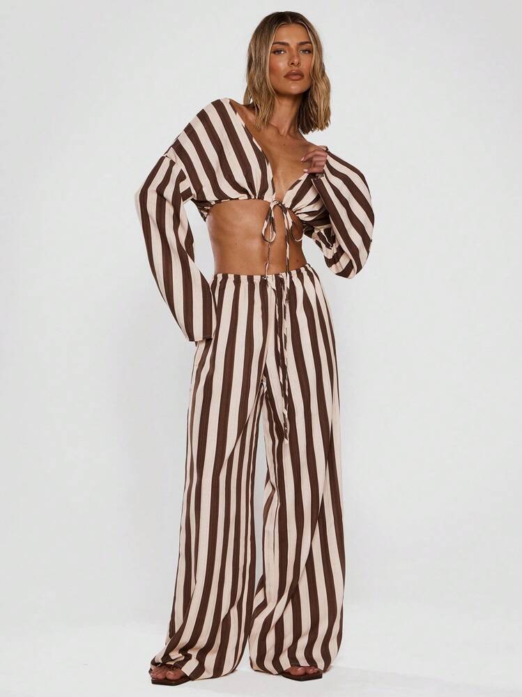 MUSERA 女士阔腿条纹亚麻质感长裤，适合度假、夏季、海滩度假派对等场合。 - 彩色 - 查看 5