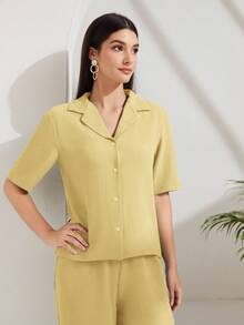 Lacomfia 翻领纽扣前开襟上衣和阔腿裤两件套 - 淡黃色 - 查看 4