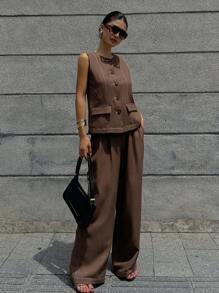 DAZY 2 件套极简主义复古硬币设计无袖圆领单排扣背心和裤子套装，高端时尚 - 棕色 - 查看 7