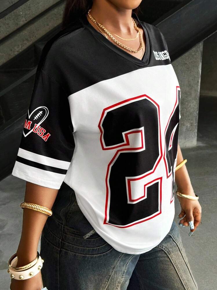 Women's Casual Loose V-Neck Short Sleeve Number Print T-Shirt - Multicolor - View 4