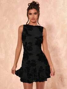 SHEIN BAE Women's Summer Vacation Elegant Textured Knit Fabric Double Layer Ruffle Hem Mini Dress,Beach Outfits For Woman,Concert Outfit Women,Brunch Outfits For Women,Beach Vacation Outfits,Festival Outfits For Women,Birthday Dress,Graduation Dress,Valentine's Day,Valentine Outfits For Women - Black - View 4