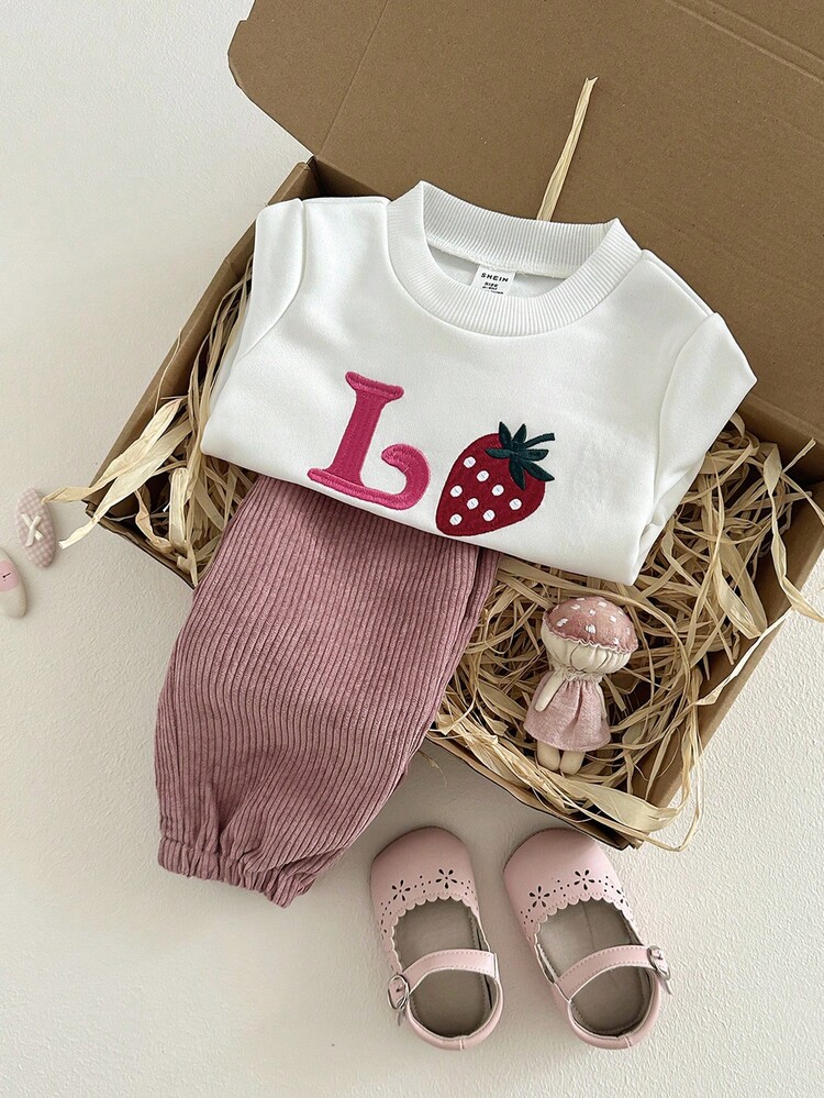 SHEIN 2pcs Baby Girls Casual Sweatshirt & Pants Set, Round Neck Long Sleeve Pullover Top, Elastic Waist Tapered Leg Pants, Fashionable Strawberry & English Letter Embroidery, Comfortable For Daily Wear, Autumn/Winter - Multicolor - View 4
