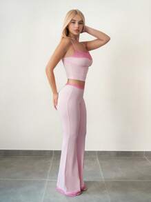 Sweetina 女士 2 件套蕾丝吊带背心和喇叭裤，女孩休闲装粉色喇叭裤套装蕾丝边两件套 - 粉色 - 查看 3