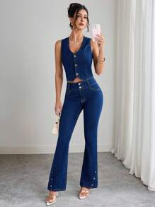 Elenzga Quần ống loe denim cài nút dành cho nữ - Rửa tối - Xem 6