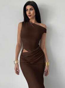 Firerie Women's Elegant Minimalist Sexy Fashionable Outdoor, Vacation, Music Festival Ruched Asymmetric Shoulder Tight Dress, Apricot Color Formal Dresses For Wedding Guest,Wedding Guest Dress,Prom Dress