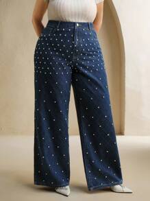 Anewsta Plus Size Fashion Beaded Embellished Straight Leg Jeans For Women, Suitable For Festival, Casual, Elegant