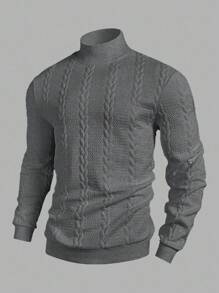 Manfinity Homme Men's Solid Color Stand Collar Long Sleeve Herringbone Casual Pullover Sweatshirt , Fall