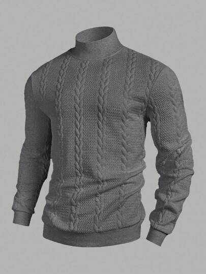 Manfinity Mode Men's Solid Color Stand Collar Long Sleeve Herringbone Casual Pullover Sweatshirt , Fall