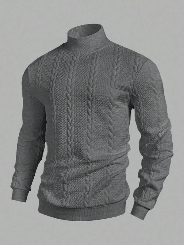 Manfinity Mode Men's Solid Color Stand Collar Long Sleeve Herringbone Casual Pullover Sweatshirt , Fall