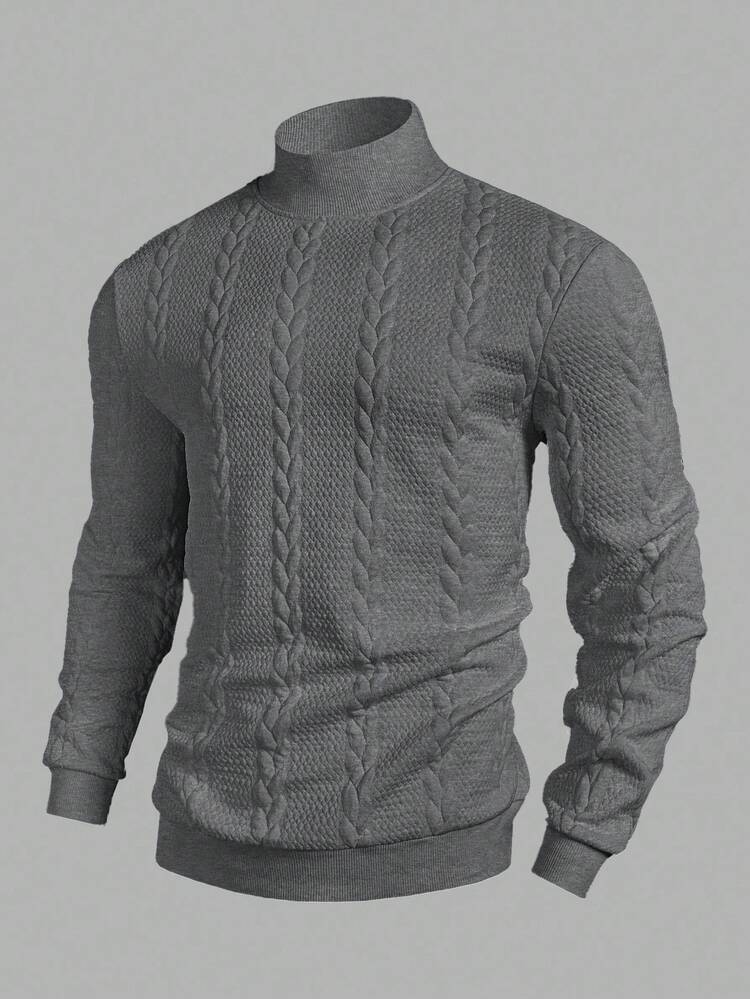 Manfinity Mode Men's Solid Color Stand Collar Long Sleeve Herringbone Casual Pullover Sweatshirt , Fall - Dark Grey - View 1