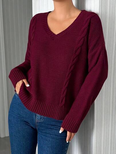 SHEIN Tall Maglione oversize a maniche lunghe con scollo a V in tinta unita, taglie comode per donne di taglia alta