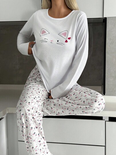 EURMUSE Plus Size Women 2 Pcs Cute Cat Print Long Sleeved & Cat Pattern Pants Homewear Cute Pajama Set Pajama Sets For Women Long Sleeve Cat Print Pajama Set Womens Pajamas Set Sleepwear Set Women Cute Pajama Sets For Women