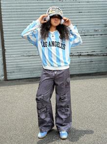 SHEIN Explorewe Streecool 儿童休闲校园风格青少年女孩秋冬舒适时尚运动别致字母和数字印花 V 领棒球夹克和宽松图案印花阔腿裤 2 件套