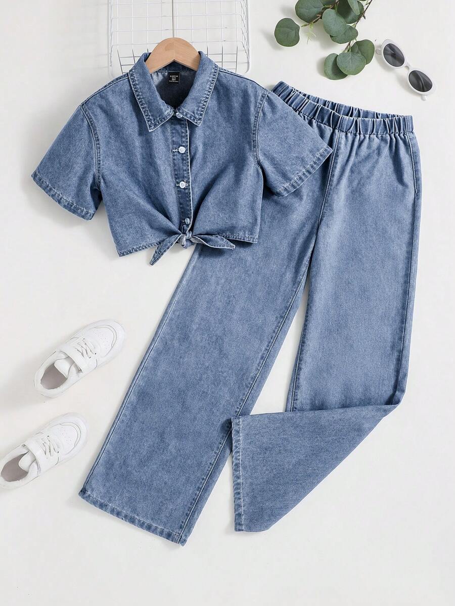 SHEIN Tween Girls New Spring/Summer Vacation Casual Comfortable Denim Set - Medium Wash - View 1