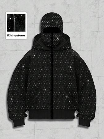 Street Life Fashionable Rhinestone Embellished Hooded Sweatshirt With Pockets, Zipper Front Sweatshirt Hoodie For Men