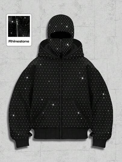 Street Life Sudadera con capucha con bolsillos y adornos de strass con cierre de cremallera, sudadera con capucha de moda para hombres