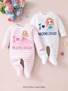 2 件新生儿条纹、心形和字母印花长袖连脚睡衣套装，休闲家居服 - 彩色 - 查看 3