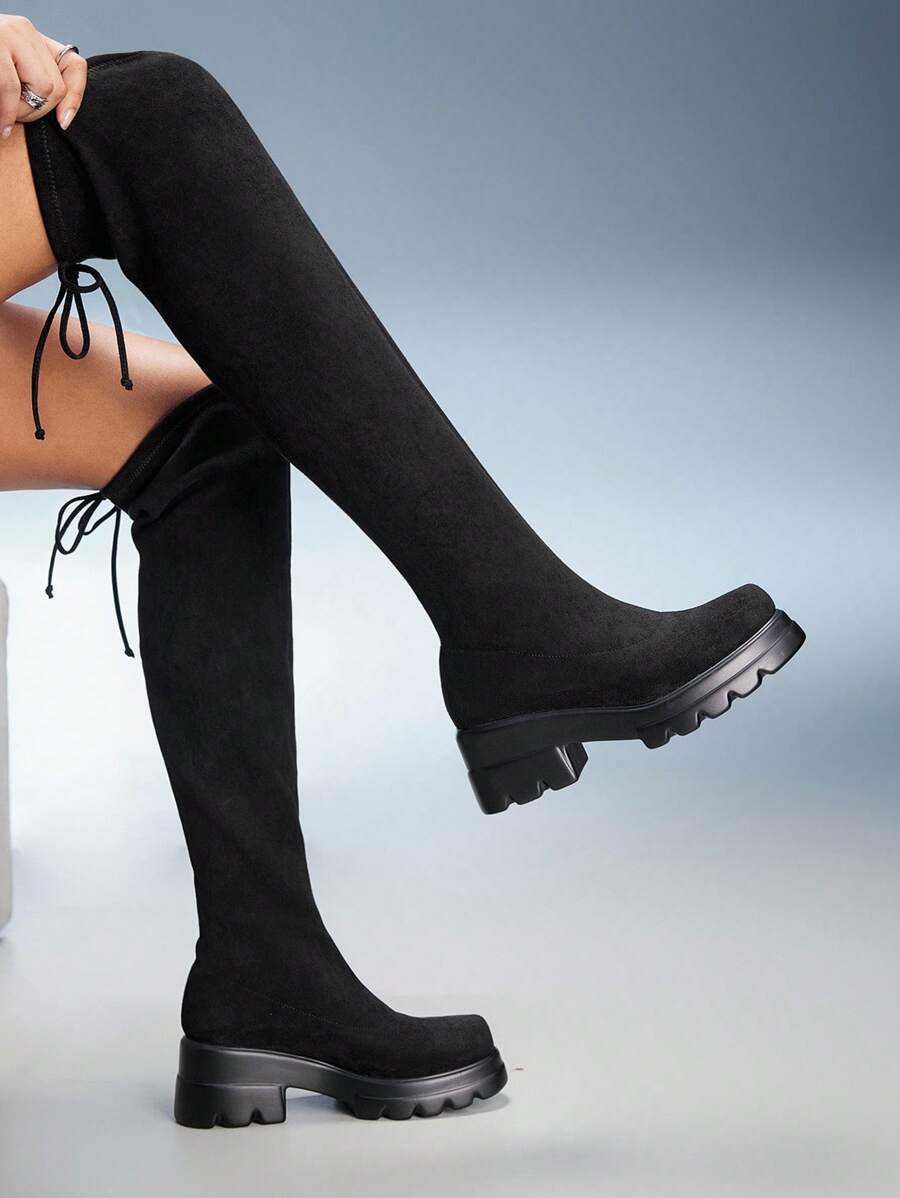 CUCCOO GRLICON Women's Round Toe Platform Thick Sole Black Suede Slip-On Boots, Fashionable Minimalist Comfortable For Daily Wear And Party - Black - View 1