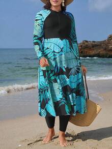 Swim Mulvari 2 件大码女式随机印花拼接长款躯干端庄布基尼泳衣套装