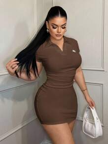 SHEIN SXY 休闲商务绣花领连衣裙 - 棕色 - 查看 5