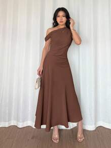 Elenzga 女士优雅奢华正式长裙，不对称肩部，褶皱细节，A 字形，拉链开合，适合万圣节、圣诞节、国庆节、新年派对、毕业典礼、婚礼，棕色 - 咖啡 - 查看 4