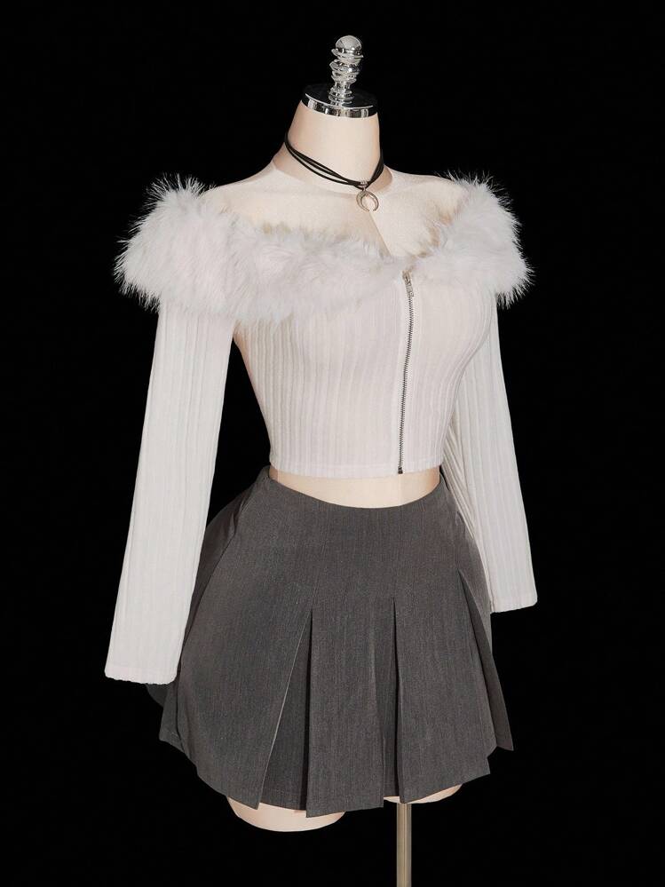 SHEIN ICON 加大码露肩毛绒修剪短款白色夹克，秋季女装，秋季服装 - 白色 - 查看 9