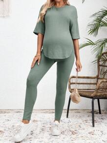 SHEIN 2pcs/Set Maternity Solid Crew Neck Short Sleeve Top And Casual Pants - Green - View 4