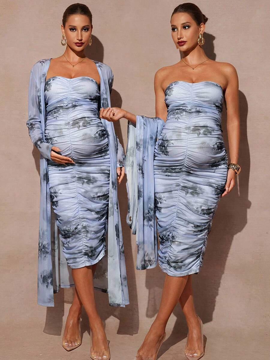 MaterniChic 2pcs/Set Pregnant Women Party Wear Sequined Long Cardigan And Solid Color Ruched Fitted Tube Dress, For Baby Shower Party, For Maternity  Fall Clothes  Maternity  Baby Shower - Blue - View 1
