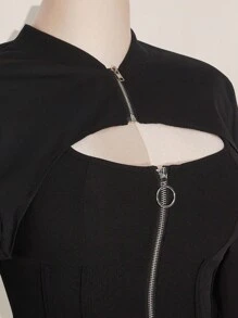 SHEIN ICON 大码翻盖口袋拉链超短款夹克（不含吊带背心） - 黑色 - 查看 7