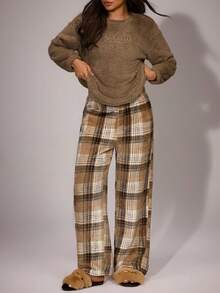 SHEIN Women's Plush Brown Embroidered Round Neck Long Sleeve Top & Plaid Pants Fluffy Pajama Set, Winter Plaid Fluffy Pajama Sets Fall Clothes, Cozy Outfit - Khaki - View 3