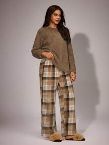 SHEIN Women's Plush Brown Embroidered Round Neck Long Sleeve Top & Plaid Pants Fluffy Pajama Set, Winter Plaid Fluffy Pajama Sets Fall Clothes, Cozy Outfit - Khaki - View 4