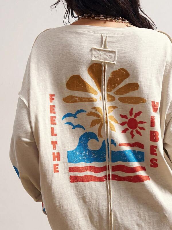 Bohemela BOHO Beach Vacation Casual Loose Knit Round Neck Long Sleeve T-Shirt With Waves Print For Women