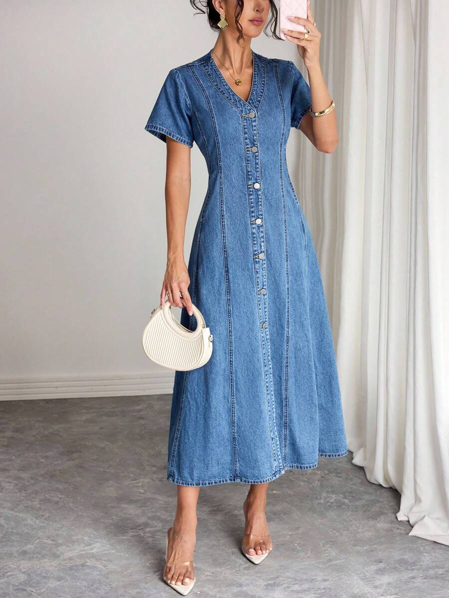 Elenzga 女式休闲水洗前扣牛仔连衣裙，夏季 - 淺色水洗藍 - 查看 1