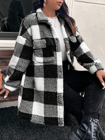 SHEIN LUNE Double-Sided Fuzzy Plaid Printed Front Button Long Sleeve Plus Size Jacket Winter Clothes Shackets For Women Checkered Shacket Buffalo Check Shacket Flannel Shacket Women Winter Shacket,Fall Clothes For Women Autumn Flannels For Women Checkered Clothes Fall Clothing For Women Winter Outfits For Women