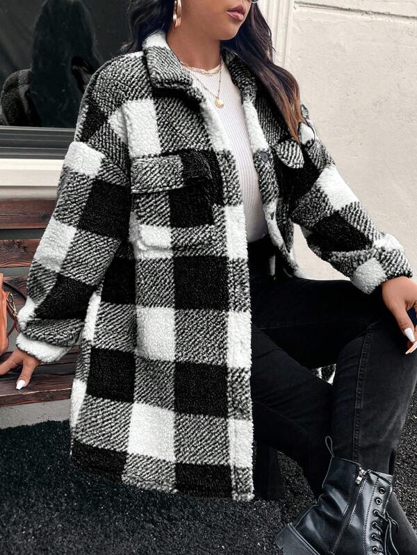 SHEIN LUNE Double-Sided Fuzzy Plaid Printed Front Button Long Sleeve Plus Size Jacket Winter Clothes Shackets For Women Checkered Shacket Buffalo Check Shacket Flannel Shacket Women Winter Shacket,Fall Clothes For Women Autumn Flannels For Women Checkered Clothes Fall Clothing For Women Winter Outfits For Women