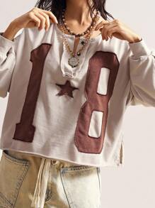 Bohemela Áo nỉ rộng rãi, cổ điển, cài nút chữ cỡ lớn, khóa kéo nửa vai, mùa thu - Màu Khaki - Xem 5