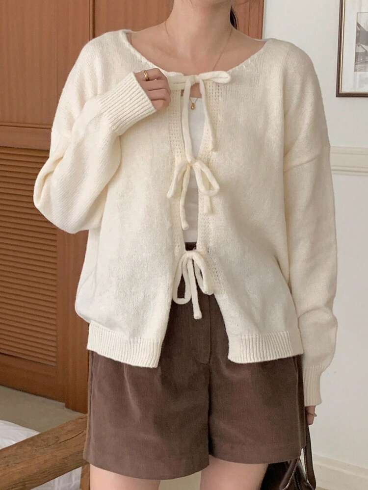 DAZY 女士圆领系带装饰宽松休闲长袖开衫，秋季女装 - 米色 - 查看 6