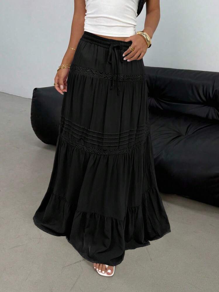 SHEIN EZwear 女士优雅黑色蕾丝拼布裙 - 黑色 - 查看 6