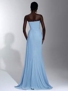 Elegant Dusty Pink Bandeau Ruched Waist Fishtail Mesh Ruffle High Slit Side Draped Maxi Dress, Suitable For Spring/Summer Dating, Vacation, Party, Wedding, Graduation, Formal Occasion - Baby Blue - View 3
