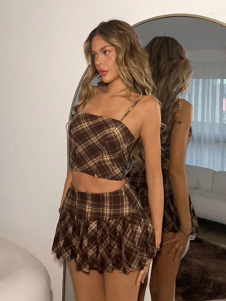 SHEIN ICON Bộ 2 món áo hai dây kẻ caro kiểu Tây màu nâu phong cách Boho đi chơi mùa thu dành cho nữ và chân váy ngắn - Nhiều màu - Xem 1