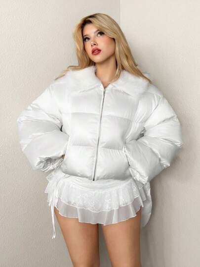 Sweetina Women's Padded Coat With Fur Collar And Wing Decor White Fur Collar Jacket In Fall/Winter