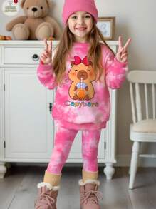 SHEIN Happikins 2pcs/Set Kids Girls Casual Cute Cartoon Capybara Print Tie-Dye Crew Neck Long Sleeve Sweatshirt And Leggings Outfit 7th Birthday - Multicolor - View 2