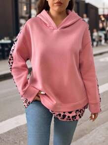 EMERY ROSE Sweatshirt Lengan Panjang Wanita Ukuran Plus Motif Leopard Kontras dengan Lapisan Fleece, Atasan Kasual untuk Aktivitas Luar Ruangan, Pullover Gaya Unik untuk Musim Gugur dan Musim Dingin. - MultiWarna - View 6