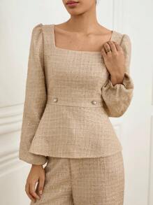 Aveloria Rosie Elegant Wool Blend Puff Sleeve Crop Top And Classic Pants 2 Pieces Set For Women Fall Cloth For Women , Square Neck Top