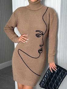 SHEIN Tall Vestido de malha justo com gola alta e manga comprida com estampa de rosto feminino - Castanho Café - Ver 1