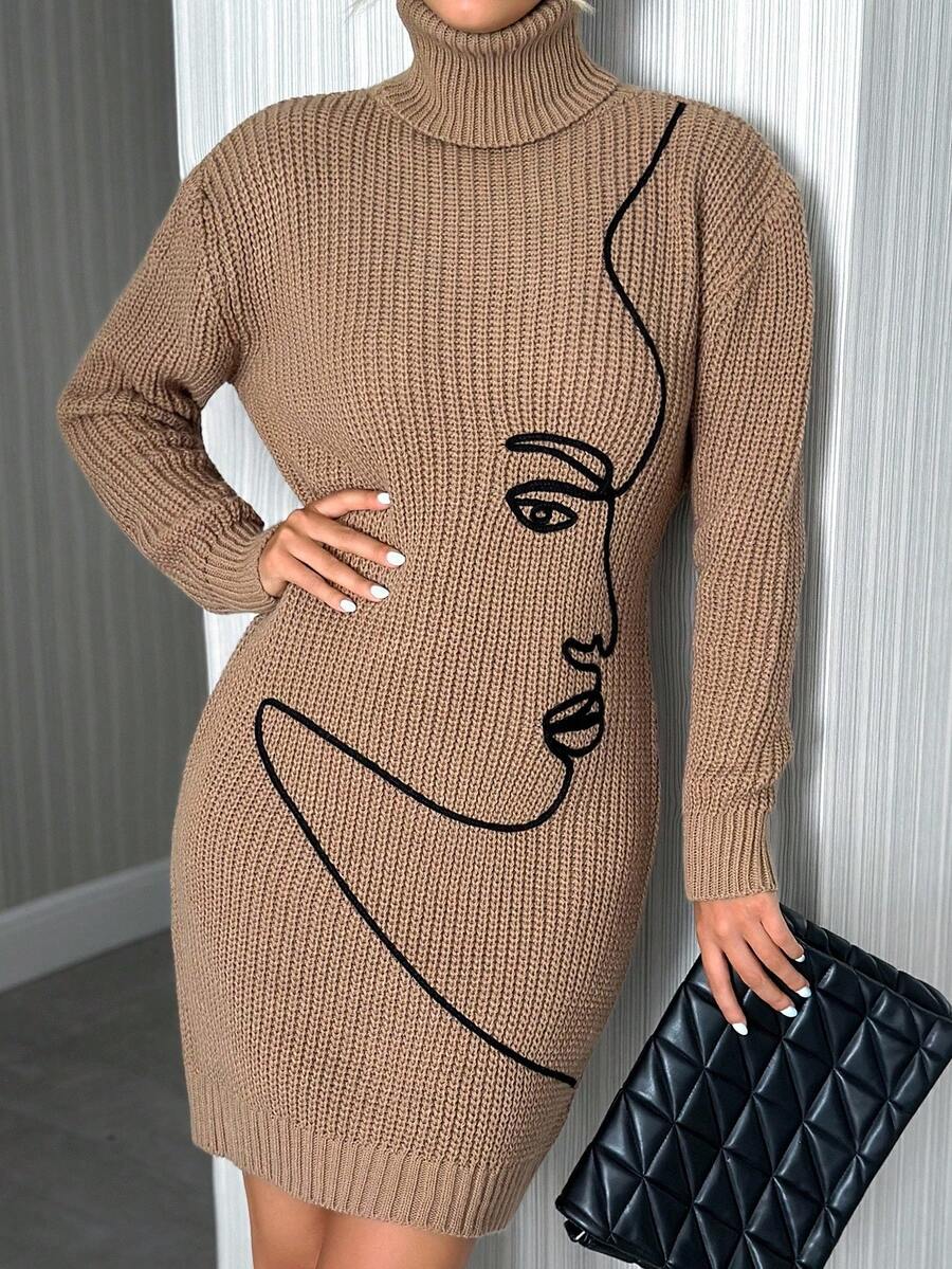 SHEIN Tall Vestido de malha justo com gola alta e manga comprida com estampa de rosto feminino - Castanho Café - Ver 1