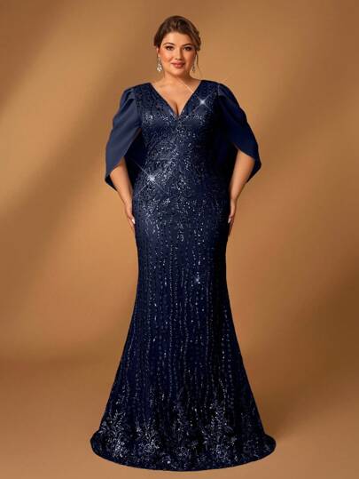 Serin Plus Size Elegant Romantic V-Neck Luxury Beaded Chiffon Mermaid Hem Formal Dress For Mother