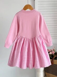 SHEIN Girls' Pink Autumn Holiday Party Knitted Dress,Back To School Plaid Patchwork Sweet Soft Warm Yarn Outfit With 3D Bow,Comfortable Versatile Clothes - Pink - View 6